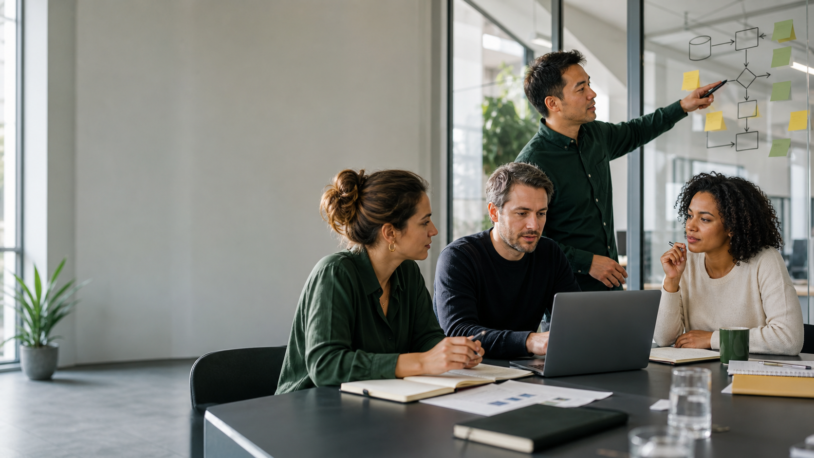 Zakelijk team dat samen AI-gebruik, risico's en werkafspraken bespreekt
